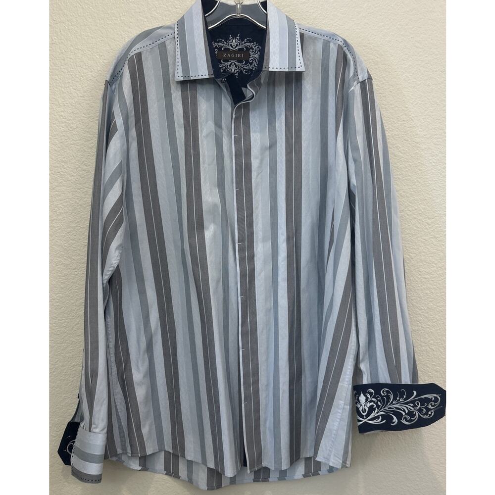 Zagiri Men's Long Sleeve Blue Button Striped Shirt Size XL 100% Cotton